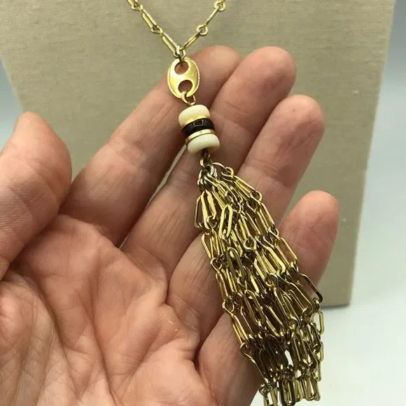 VINTAGE Gold Tone Tassel Beaded Pendant Retro Necklace, Disco Party Studio 54 - Picture 13 of 16